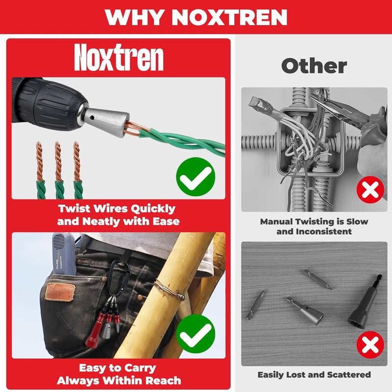 Noxtren 6PCS Wire Twister Tool for Drill with Bit Holder Keychain, Wire Nut Twister for Drill with 1/4" Hex Shank – Professional Electrician Tools for 9–22 AWG Wire Connector Twisting - Image 3